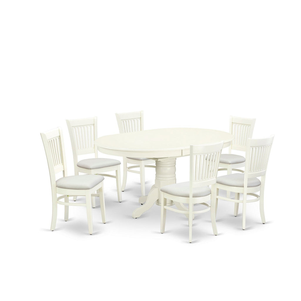 Juego de mesa de comedor de 7 piezas East West Furniture AVVA7-LWH-C. Incluye una mesa de cocina ovalada con hojas de mariposa y 6 sillas de comedor tapizadas en tela de lino.