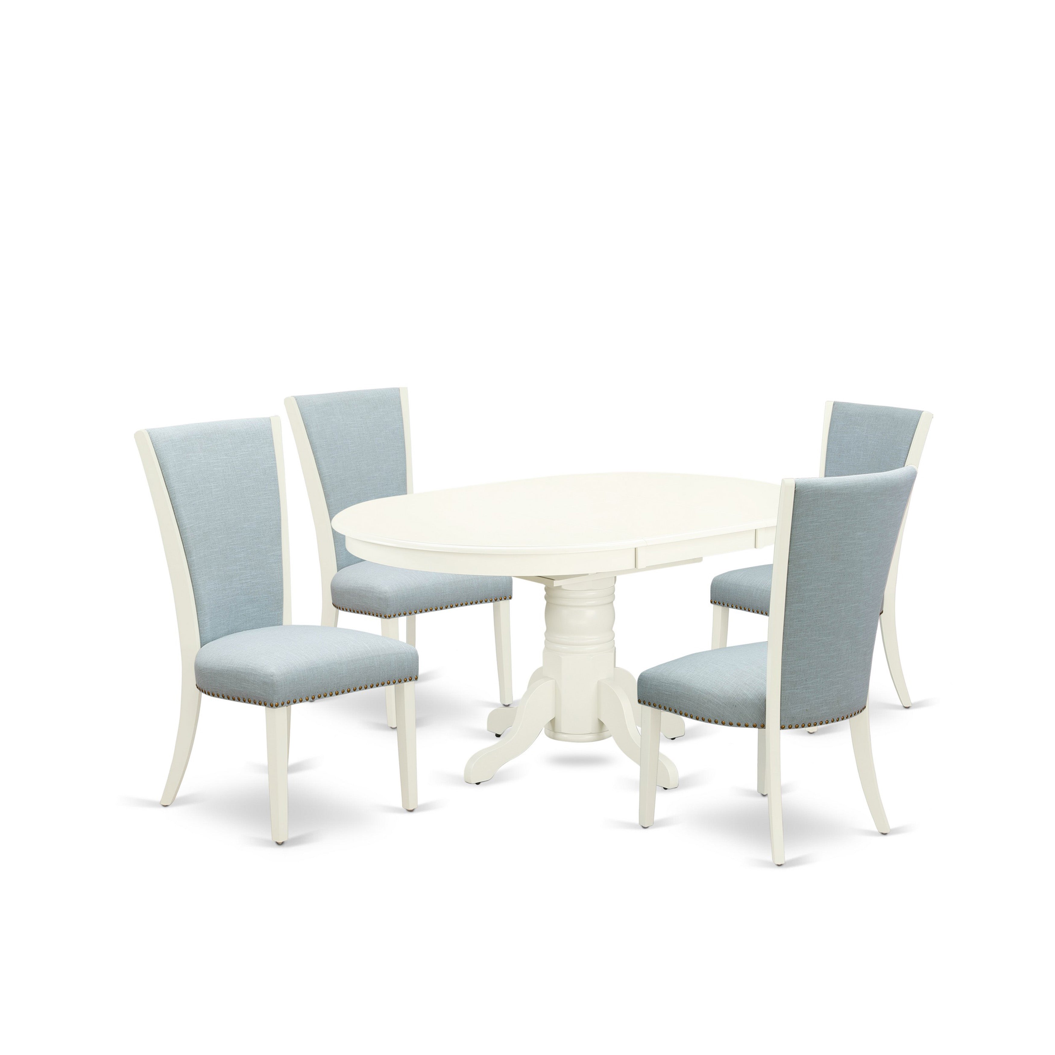 El juego de mesa de comedor de 5 piezas East West Furniture AVVE5-LWH-15 incluye una mesa de cocina ovalada con hojas de mariposa y 4 sillas de comedor Parson de tela de lino azul bebé.