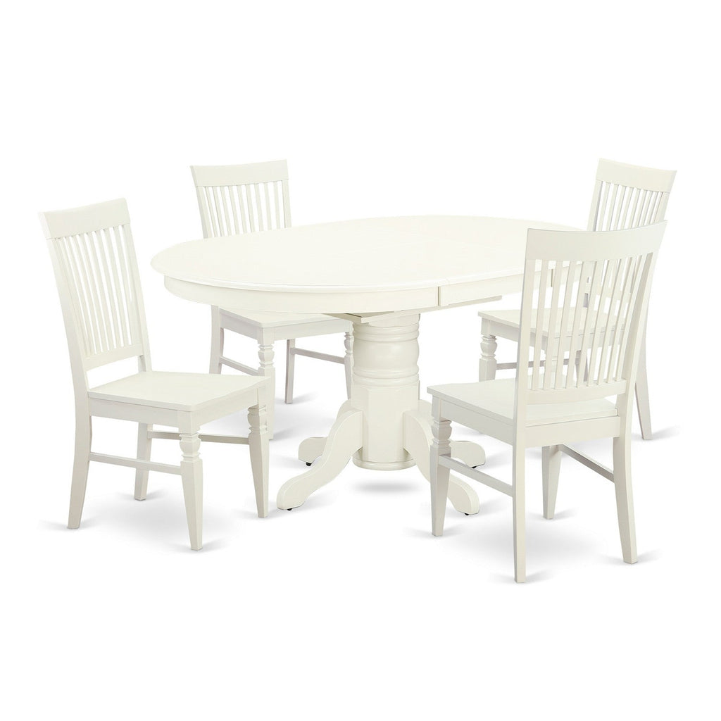 Juego de comedor de 5 piezas East West Furniture AVWE5-LWH-W. Incluye una mesa de comedor ovalada con hojas de mariposa y 4 sillas de cocina.