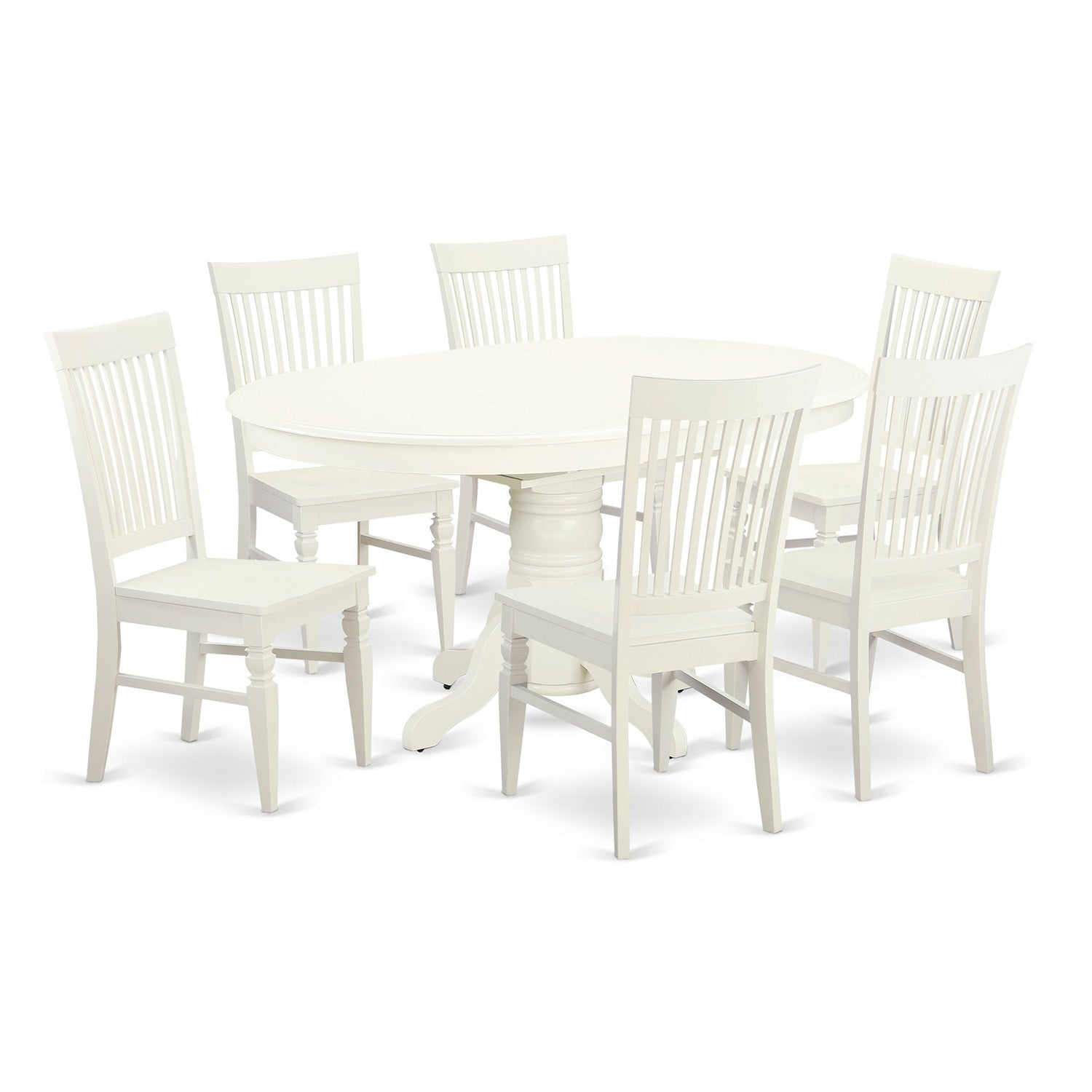 Juego de mesa y sillas de cocina de 7 piezas East West Furniture AVWE7-LWH-W. Incluye una mesa de comedor ovalada con hojas de mariposa y 6 sillas de comedor.