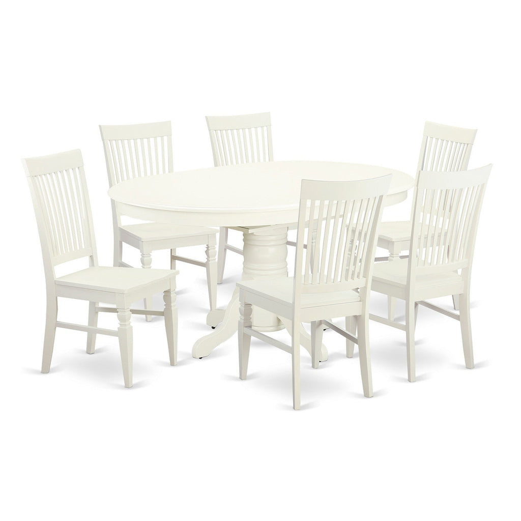 Juego de mesa y sillas de cocina de 7 piezas East West Furniture AVWE7-LWH-W. Incluye una mesa de comedor ovalada con hojas de mariposa y 6 sillas de comedor.