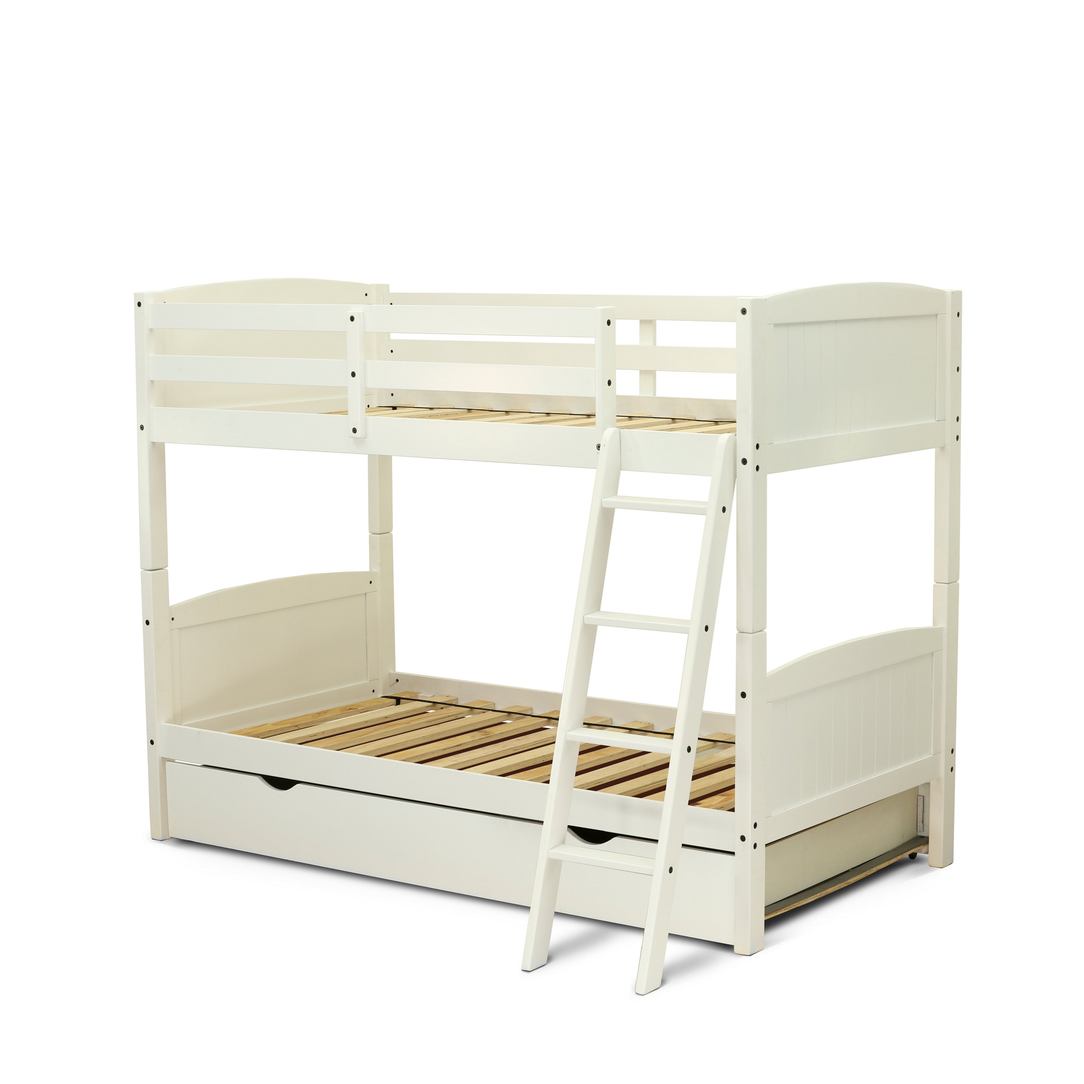 East West Furniture Albury Twin Bunk Bed in White Finish with Convertible Trundle & Drawer