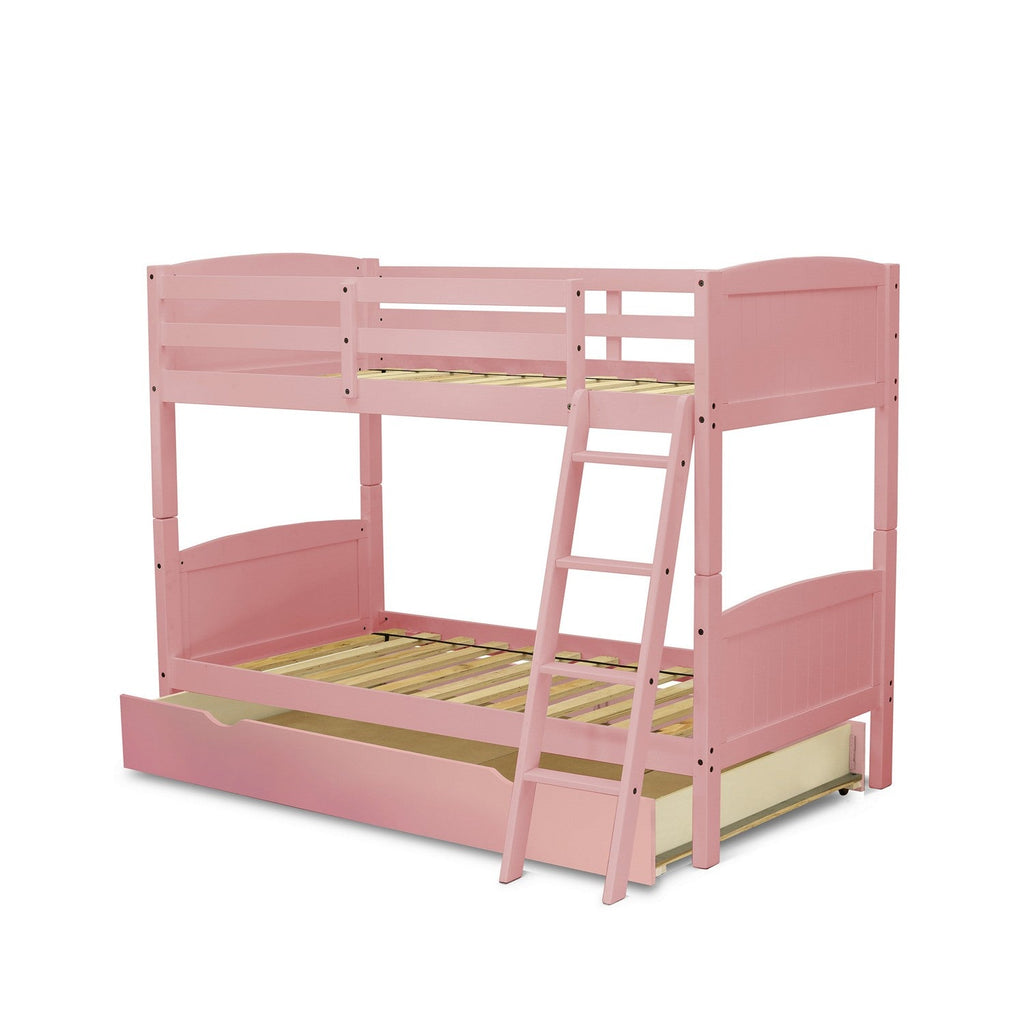 East West Furniture AYB-07-TU Albury Twin Bunk Bed in Pink Finish with Convertible Trundle & Drawer