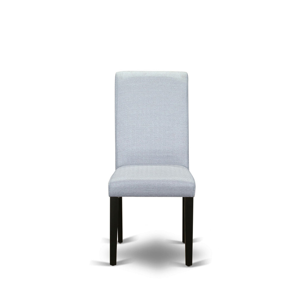 Juego de mesa y sillas de cocina de 3 piezas DLBA3-BLK-05 de East West Furniture. Incluye una mesa de comedor redonda con alas abatibles y dos sillas de comedor Parsons de tela de lino gris.