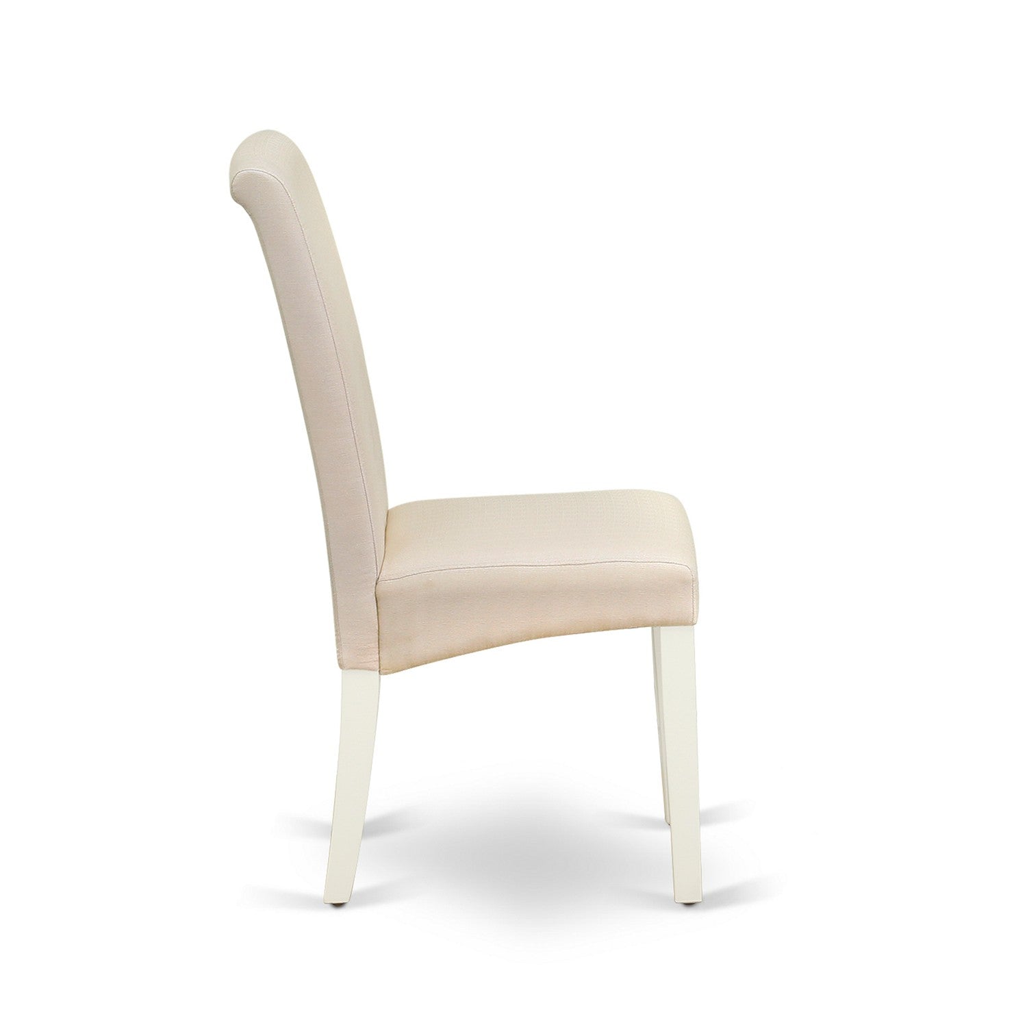 Juego de mesa de cocina de 3 piezas DMBA3-LWH-01 de East West Furniture para espacios pequeños. Incluye una mesa de comedor redonda con alas abatibles y dos sillas acolchadas de tela de lino color crema.