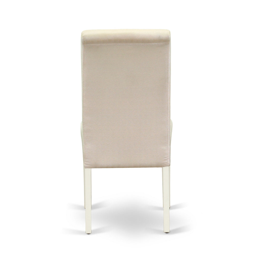 East West Furniture AMBA3-LWH-01 3 Piece Modern Dining Table Set Contains a Round Kitchen Table with Pedestal and 2 Cream Linen Fabric Upholstered Parson Chairs
