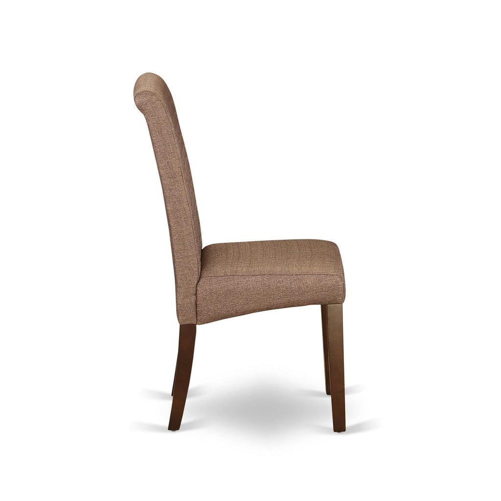 Juego de comedor de 6 piezas East West Furniture CABA6-MAH-18. Contiene una mesa de comedor rectangular y 4 sillas Parson de tela de lino marrón con un banco.