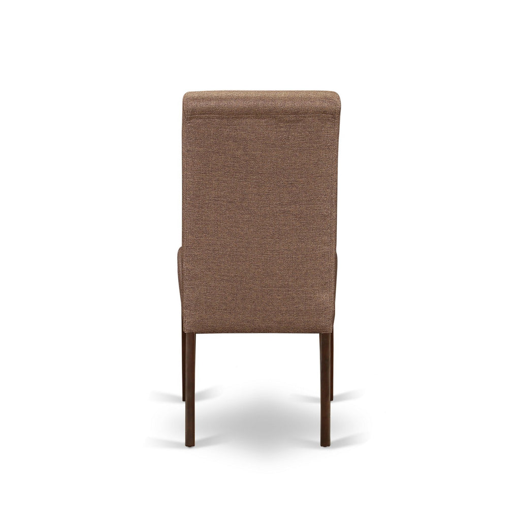 East West Furniture AMBA3-MAH-18 3 Piece Modern Dining Table Set Contains a Round Kitchen Table with Pedestal and 2 Brown Linen Linen Fabric Parson Dining Chairs