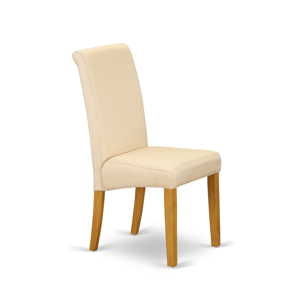 Juego de mesa de comedor de 7 piezas East West Furniture AVBA7-OAK-02 compuesto por una mesa de cocina ovalada con hojas de mariposa y 6 sillas tapizadas en tela de lino beige claro.