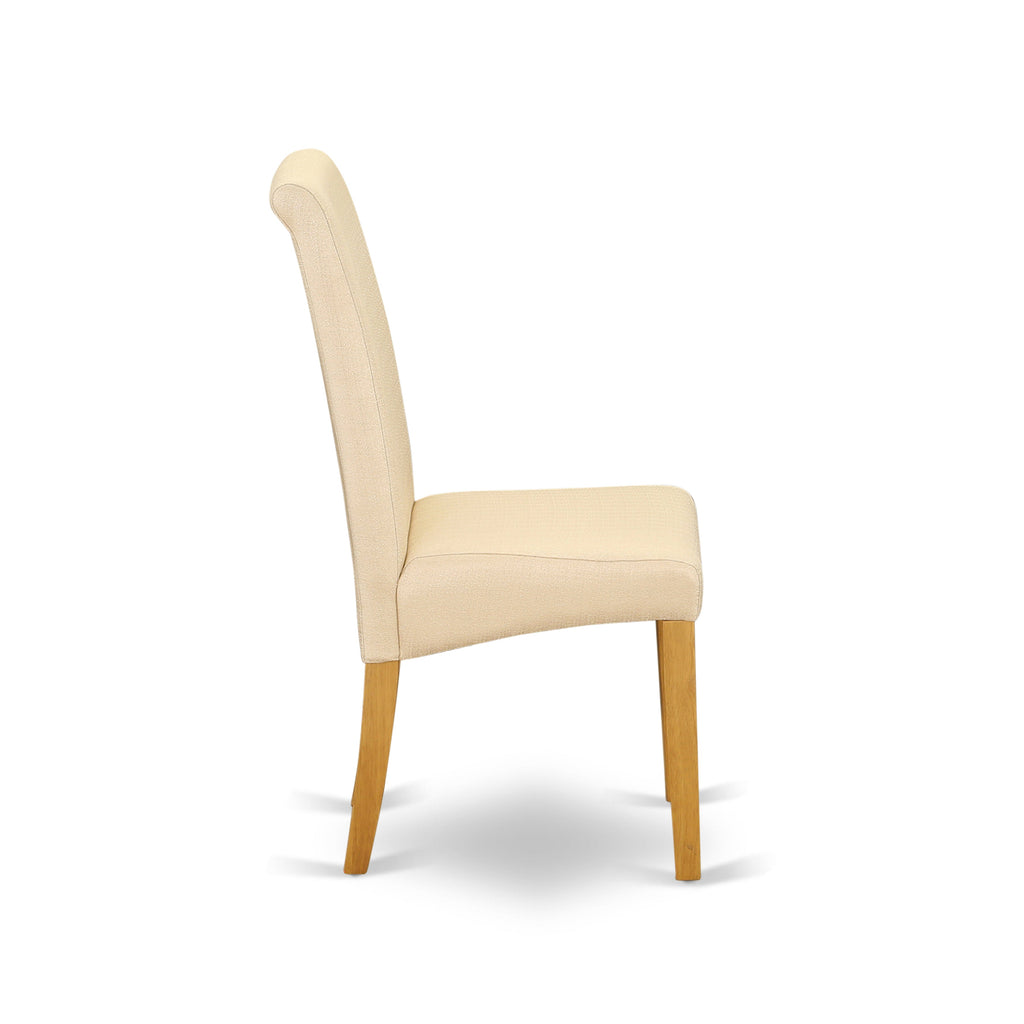 Juego de mesa de comedor de 7 piezas East West Furniture AVBA7-OAK-02 compuesto por una mesa de cocina ovalada con hojas de mariposa y 6 sillas tapizadas en tela de lino beige claro.