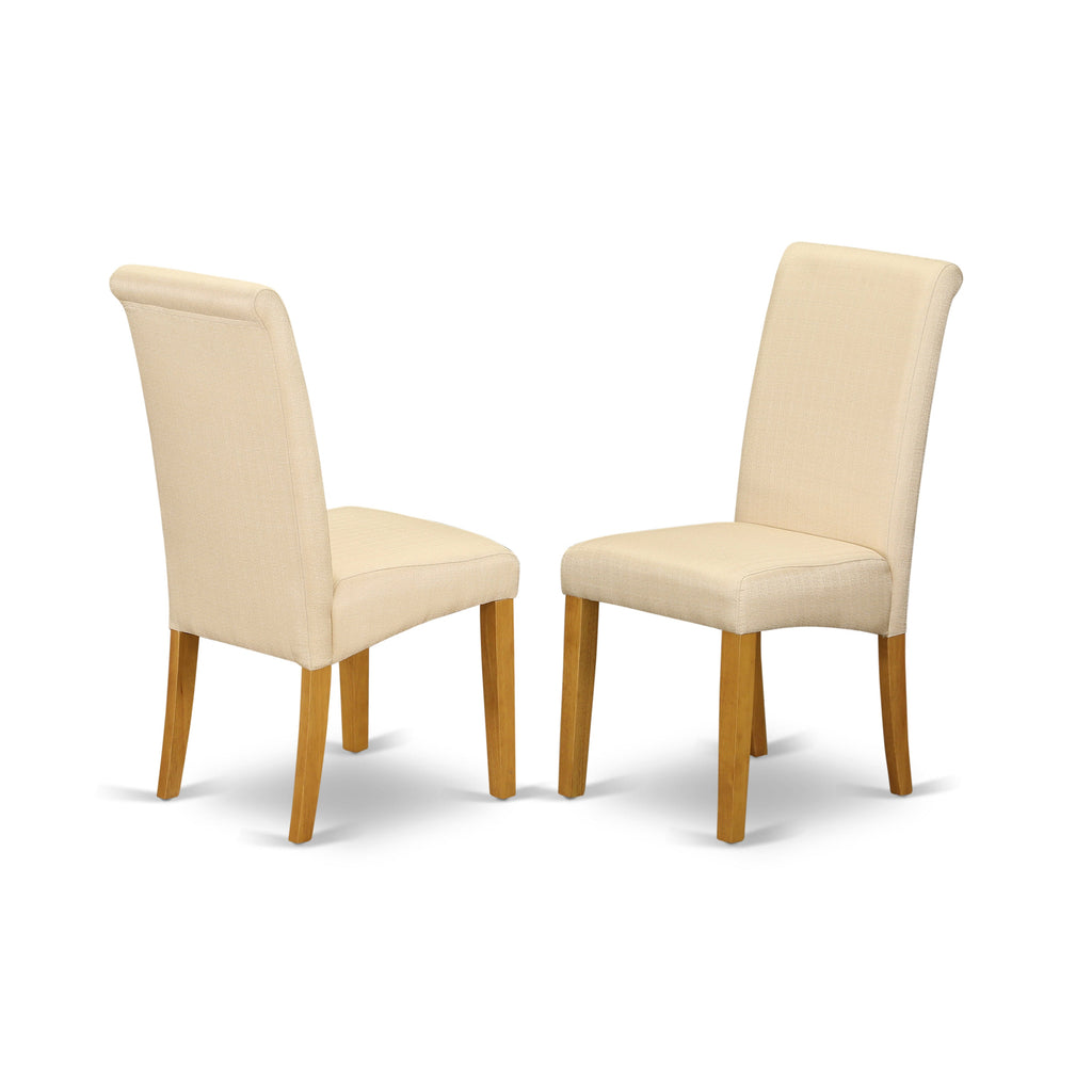 Juego de mesa de comedor de 7 piezas East West Furniture AVBA7-OAK-02 compuesto por una mesa de cocina ovalada con hojas de mariposa y 6 sillas tapizadas en tela de lino beige claro.