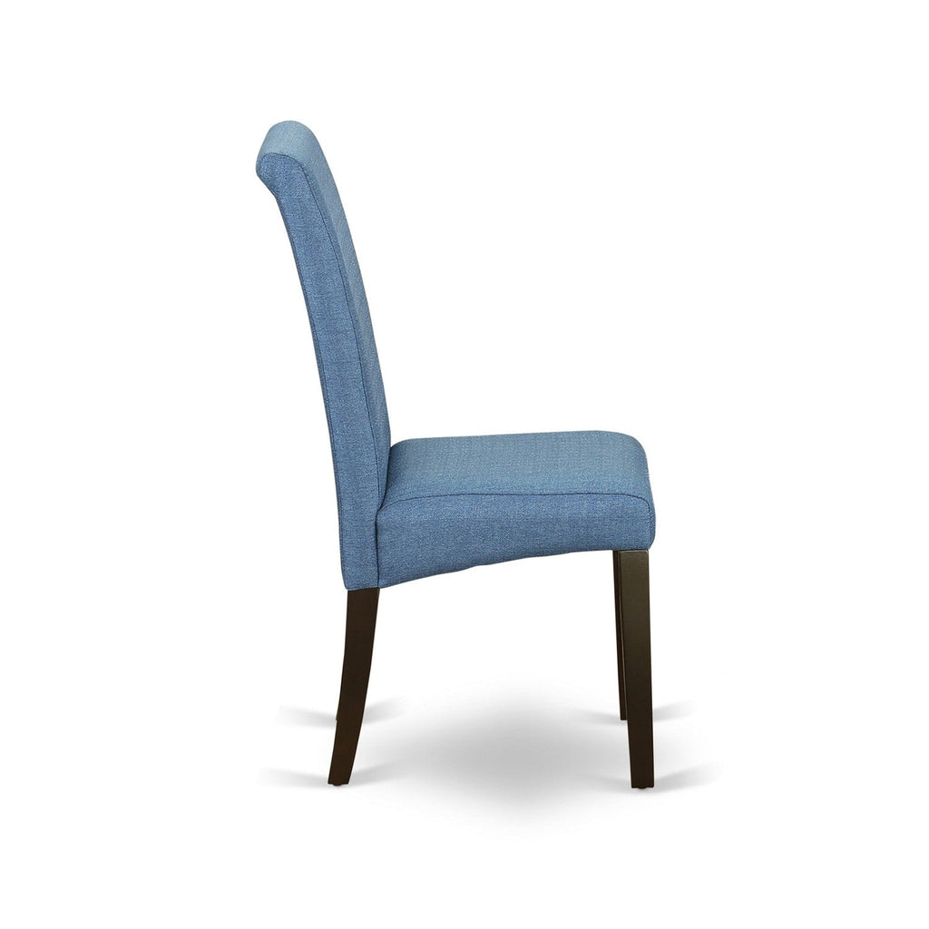 East West Furniture HEBA5-CAP-21 5 Piece Dining Set Includes a Rectangle Dining Room Table with Pedestal and 4 Blue Color Linen Fabric Upholstered Parson Chairs