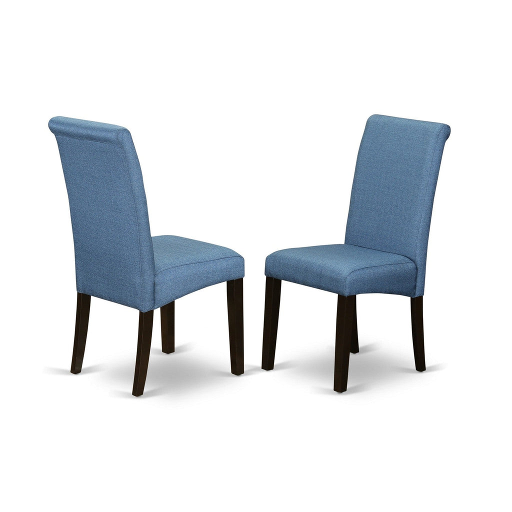 East West Furniture HEBA5-CAP-21 5 Piece Dining Set Includes a Rectangle Dining Room Table with Pedestal and 4 Blue Color Linen Fabric Upholstered Parson Chairs