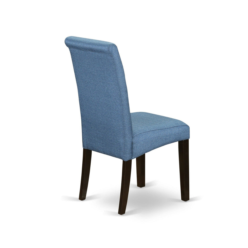East West Furniture HEBA5-CAP-21 5 Piece Dining Set Includes a Rectangle Dining Room Table with Pedestal and 4 Blue Color Linen Fabric Upholstered Parson Chairs