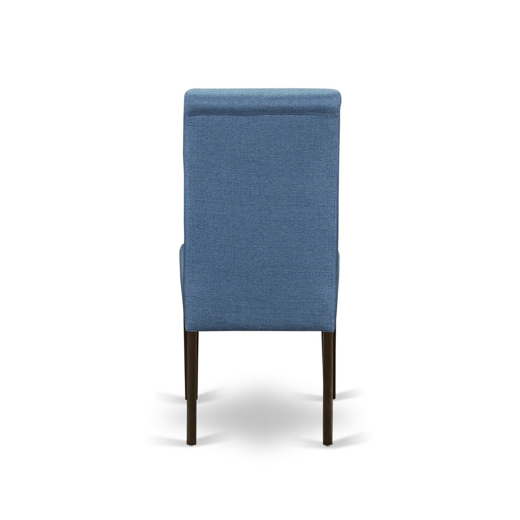 Juego de comedor East West Furniture HEBA9-CAP-21 de 9 piezas. Incluye una mesa de cocina rectangular con pedestal y 8 sillas de comedor Parson de tela de lino de color azul.
