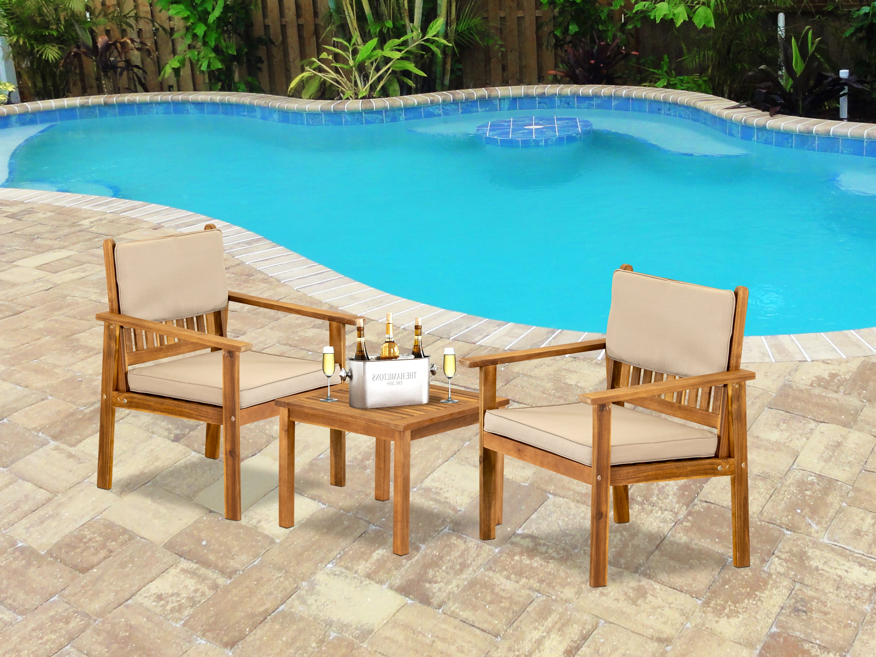 East West Furniture BBI3CNA 3-Piece Bristol Coffee Table Set Includes a Coffee Table and 2 Polyester Fabric Outdoor Patio Chairs Made of Acacia wood in Natural Oil finish