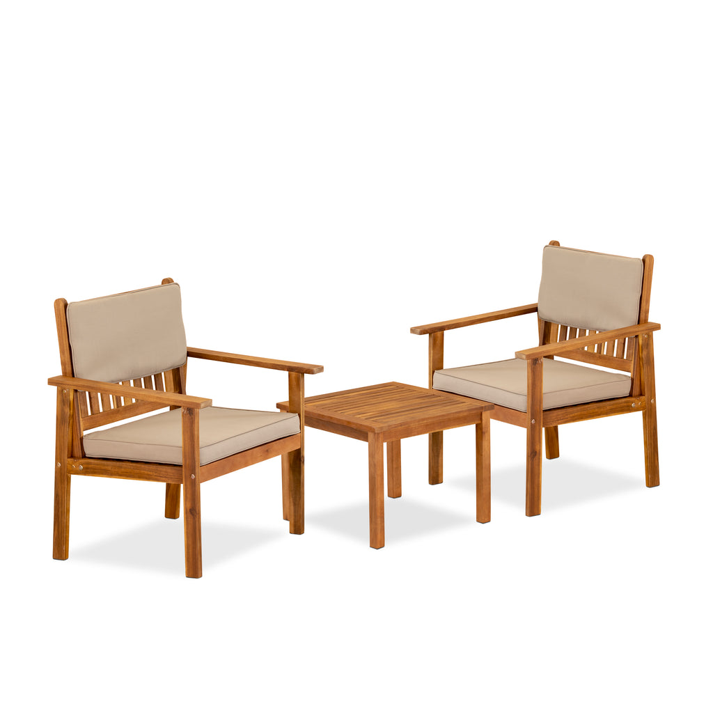 East West Furniture BBI3CNA 3-Piece Bristol Coffee Table Set Includes a Coffee Table and 2 Polyester Fabric Outdoor Patio Chairs Made of Acacia wood in Natural Oil finish