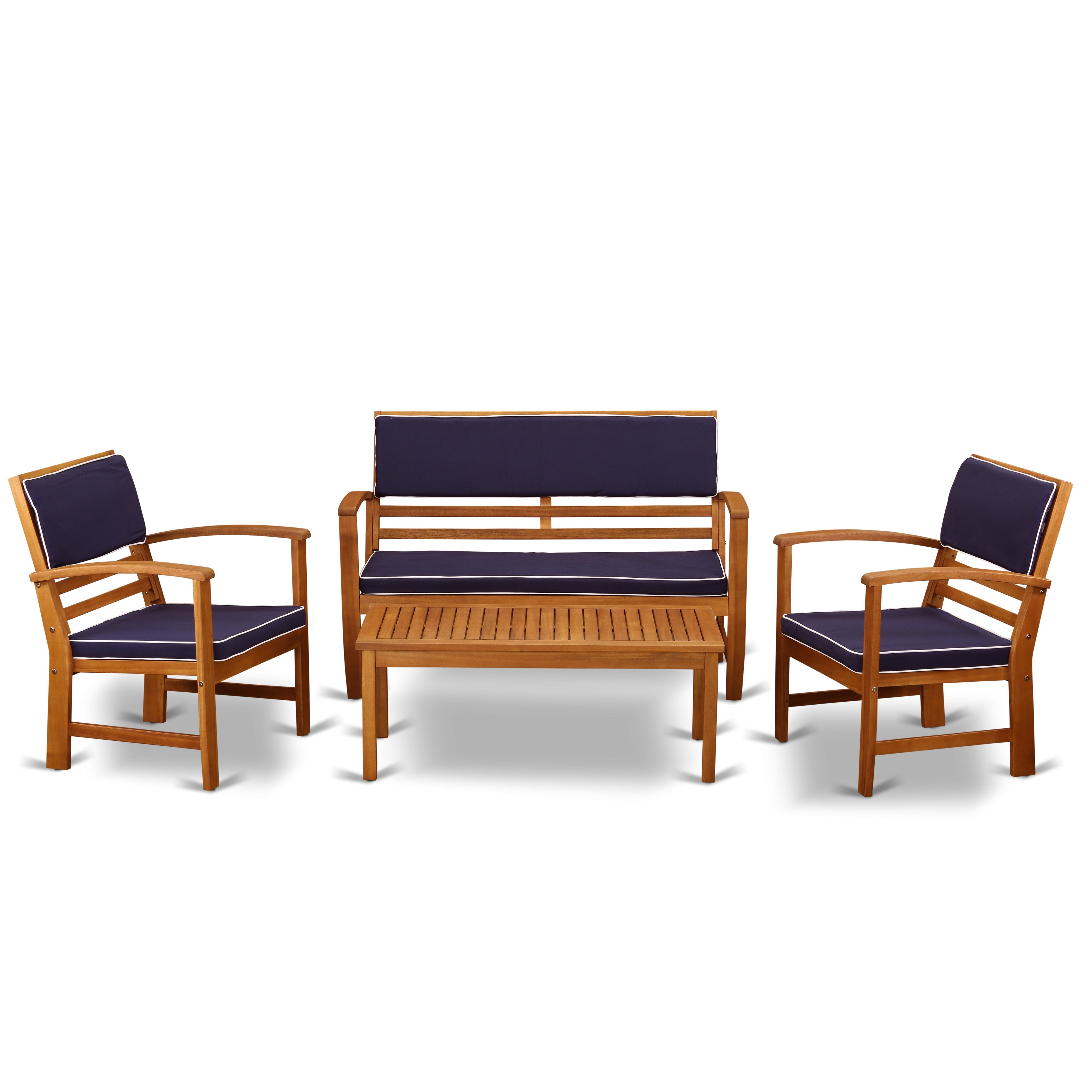El juego de sofás de bistró para patio BCOSSNA de 4 piezas de East West Furniture incluye una mesa de bistró rectangular de madera de acacia para exteriores y cojines para todo tipo de clima.
