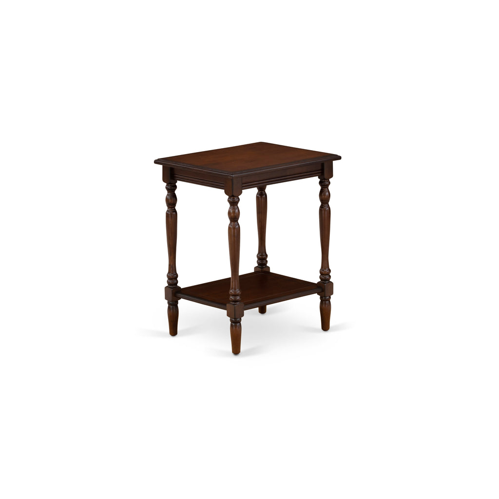 Juego de cama de 2 piezas East West Furniture NL14F-1BF0M: estructura de cama con botones capitoné, cabecera tapizada en terciopelo marrón topo y mesita de noche con acabado caoba antiguo.