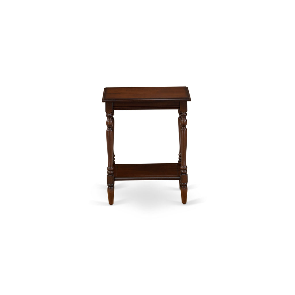 Juego de cama de 2 piezas East West Furniture NL14F-1BF0M: estructura de cama con botones capitoné, cabecera tapizada en terciopelo marrón topo y mesita de noche con acabado caoba antiguo.