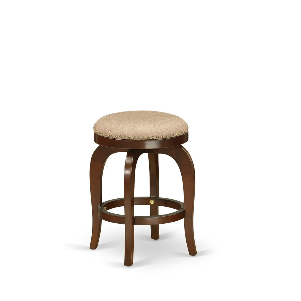 East West Furniture EDBF3-MAH-03 3 Piece Kitchen Counter Height Dining Table Set  Contains a Round Wooden Table with Pedestal and 2 Backless Stools