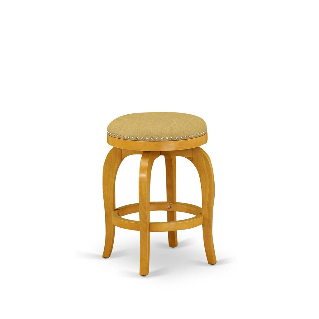 East West Furniture EDBF3-OAK-16 3 Piece Counter Height Dining Table Set Contains a Round Kitchen Table with Pedestal and 2 Backless Stools