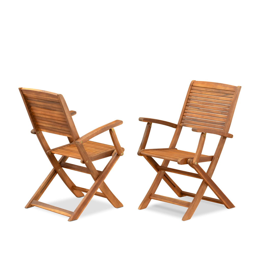 East West Furniture SEHD3CANA 3 Piece Patio Bistro Sets Wood Table Set Contains a Square Outdoor Acacia Wood Coffee Table and 2 Folding Arm Chairs, 26x26 Inch, Natural Oil