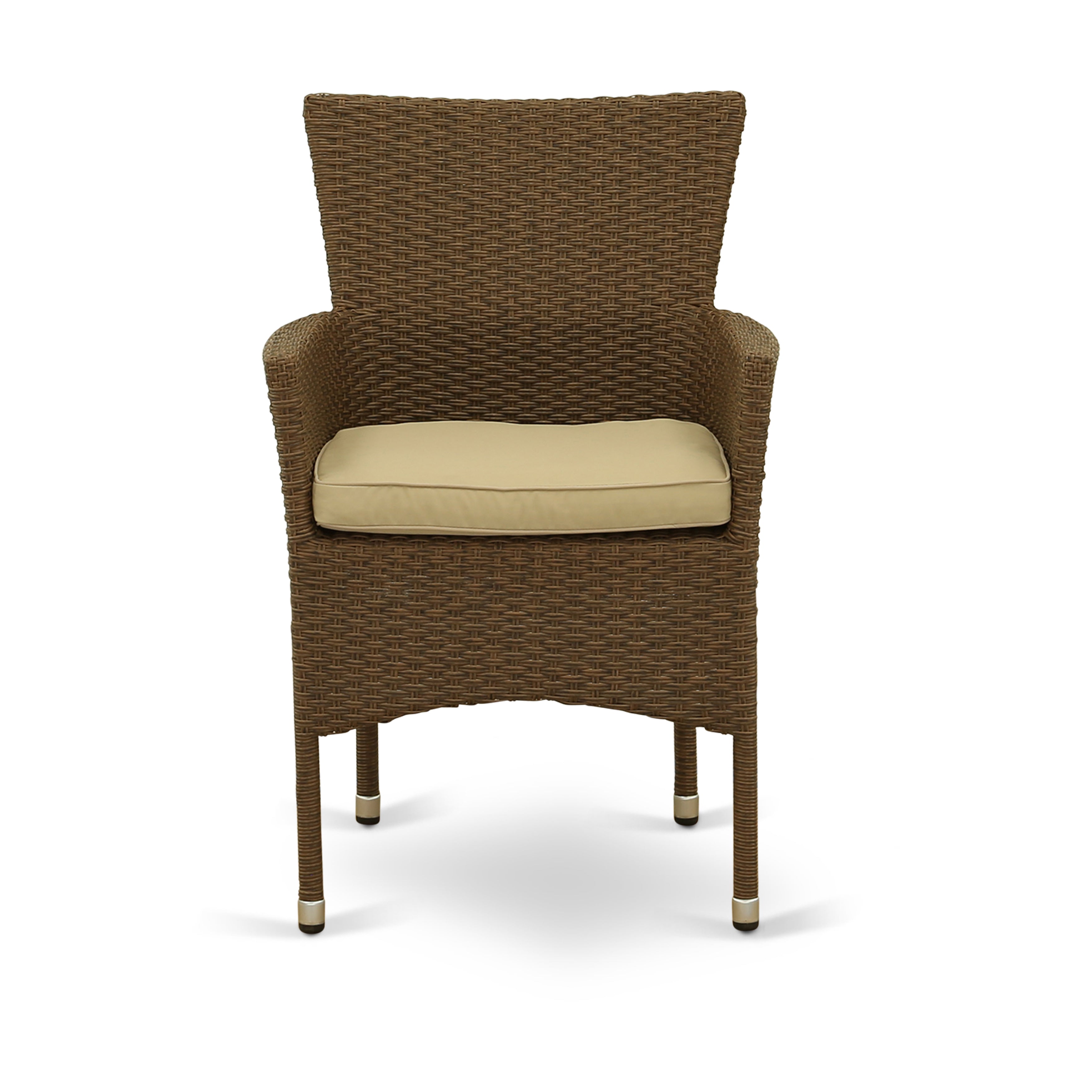 OSBK5-02A 5Pc Outdoor-Furniture Brown Wicker Dining Set Includes a Patio Table and 4 Balcony Backyard Armchair with Linen Fabric Cushion