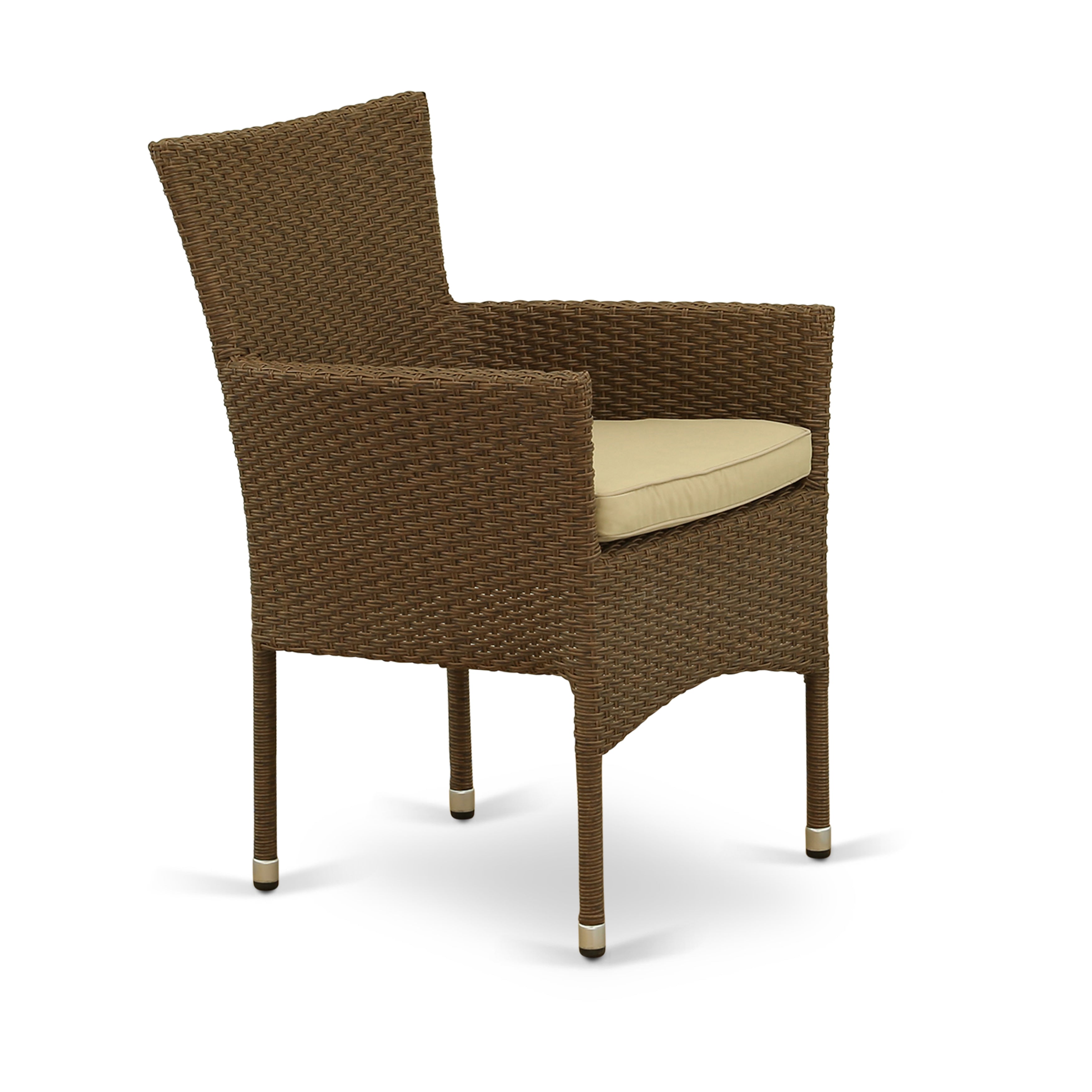 JUBK5-02A 5Pc Outdoor-Furniture Brown Wicker Dining Set Includes a Patio Table and 4 Balcony Backyard Armchair with Linen Fabric Cushion