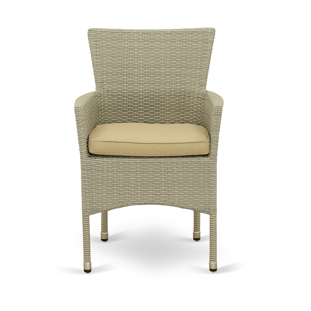 East West Furniture JUBK7-03A Juego de muebles de patio de 7 piezas Juego de exterior de mimbre compuesto por una mesa de comedor rectangular con tapa de vidrio y 6 sillones de balcón con cojín