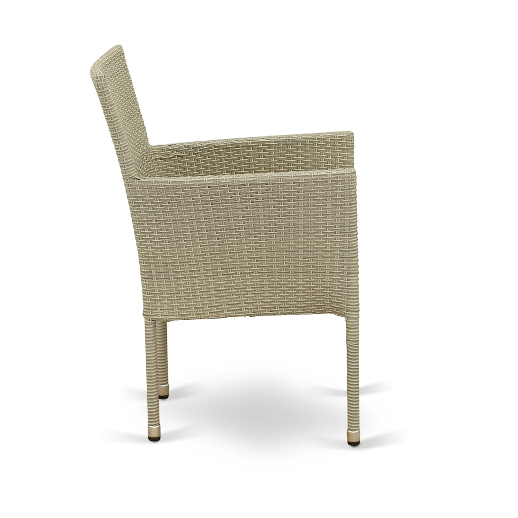 East West Furniture JUBK7-03A Juego de muebles de patio de 7 piezas Juego de exterior de mimbre compuesto por una mesa de comedor rectangular con tapa de vidrio y 6 sillones de balcón con cojín