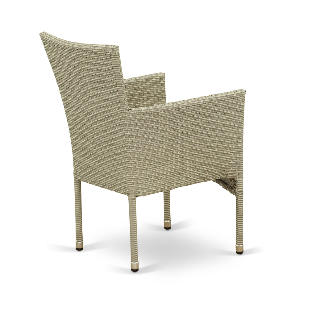 East West Furniture JUBK7-03A Juego de muebles de patio de 7 piezas Juego de exterior de mimbre compuesto por una mesa de comedor rectangular con tapa de vidrio y 6 sillones de balcón con cojín