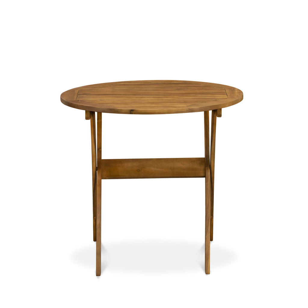 East West Furniture MNFM3CWNA 3 Piece Outdoor Conversation Bistro Set Consist of a Round Acacia Wood Coffee Table and 2 Folding Side Chairs