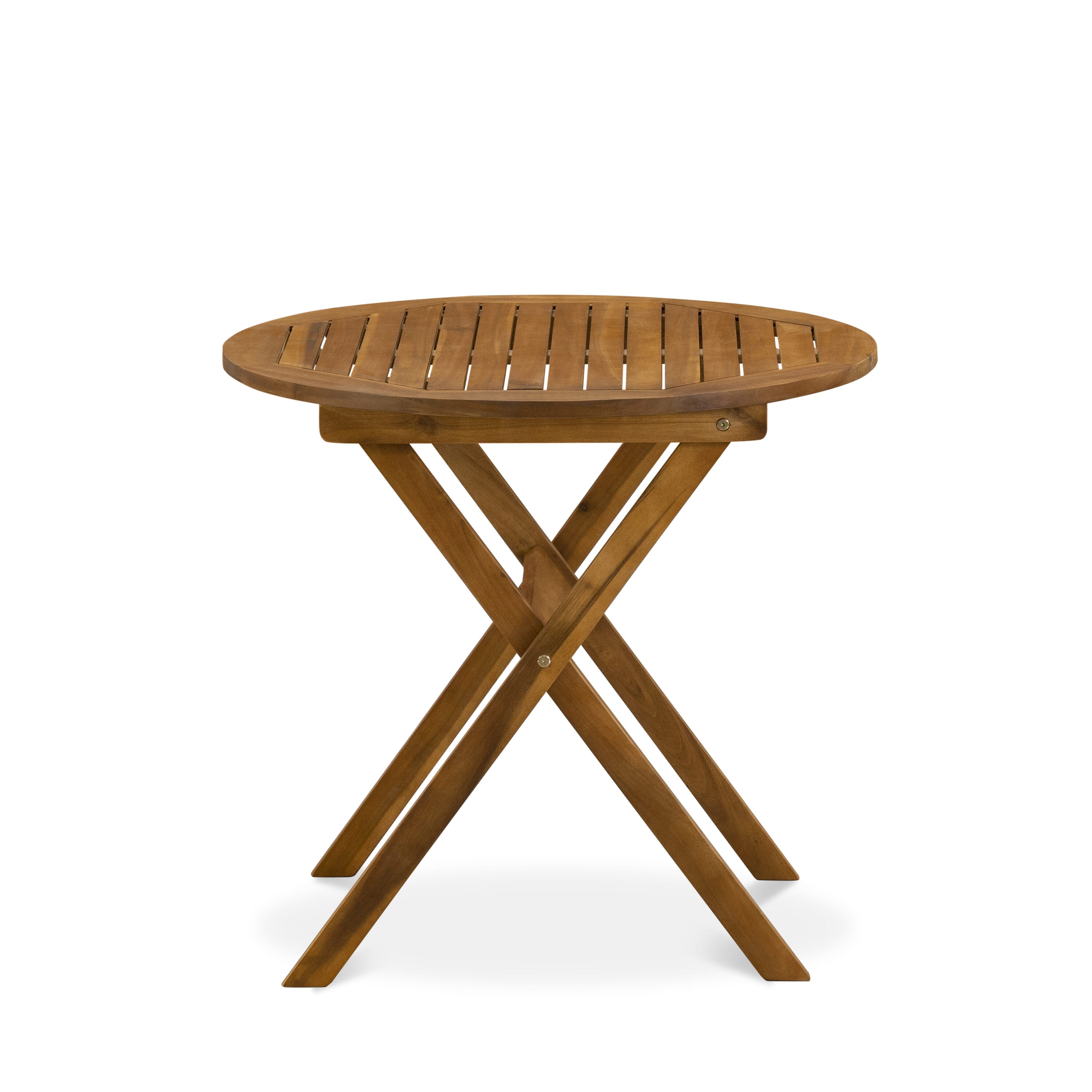 East West Furniture MNFM3CWNA 3 Piece Outdoor Conversation Bistro Set Consist of a Round Acacia wood Coffee Table and 2 Folding Side Chairs, 30x30 Inch, Natural Oil
