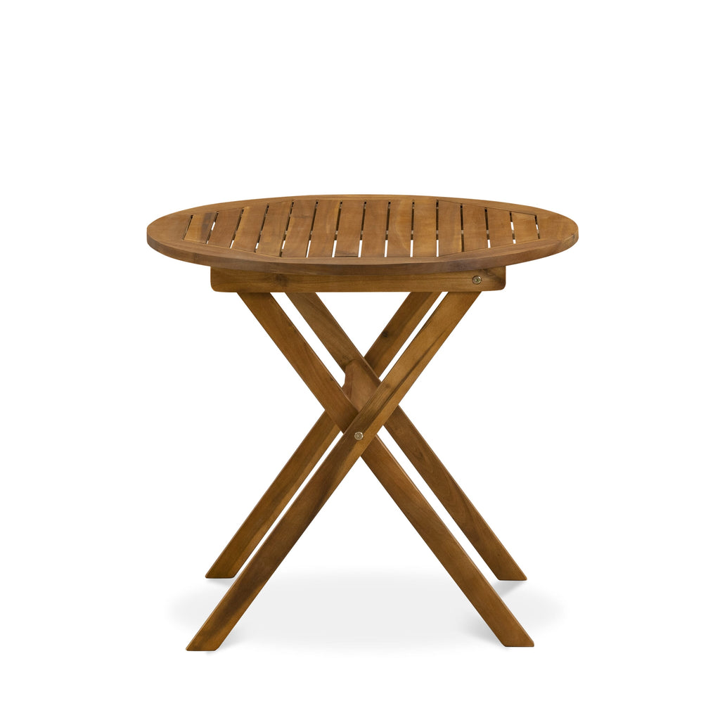 East West Furniture MNFM3CWNA 3 Piece Outdoor Conversation Bistro Set Consist of a Round Acacia Wood Coffee Table and 2 Folding Side Chairs