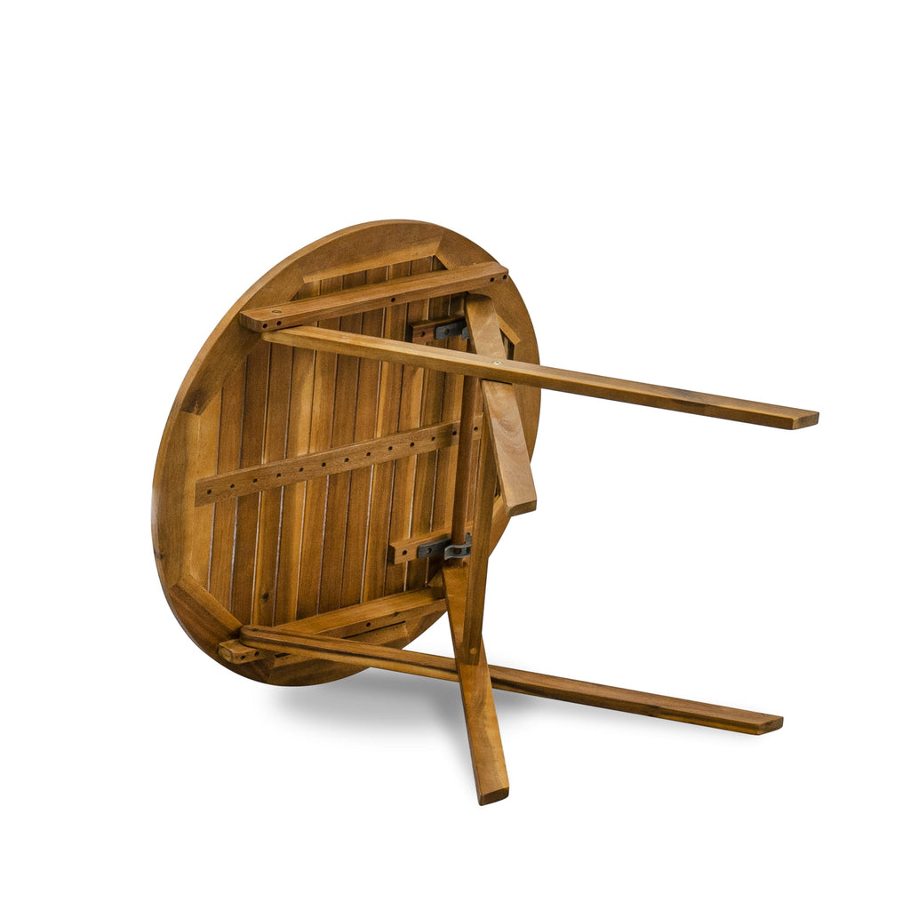 East West Furniture MNFM3CWNA 3 Piece Outdoor Conversation Bistro Set Consist of a Round Acacia Wood Coffee Table and 2 Folding Side Chairs