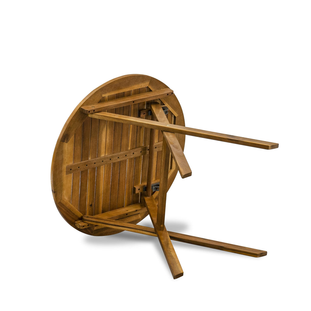 East West Furniture MNFM3CWNA 3 Piece Outdoor Conversation Bistro Set Consist of a Round Acacia Wood Coffee Table and 2 Folding Side Chairs