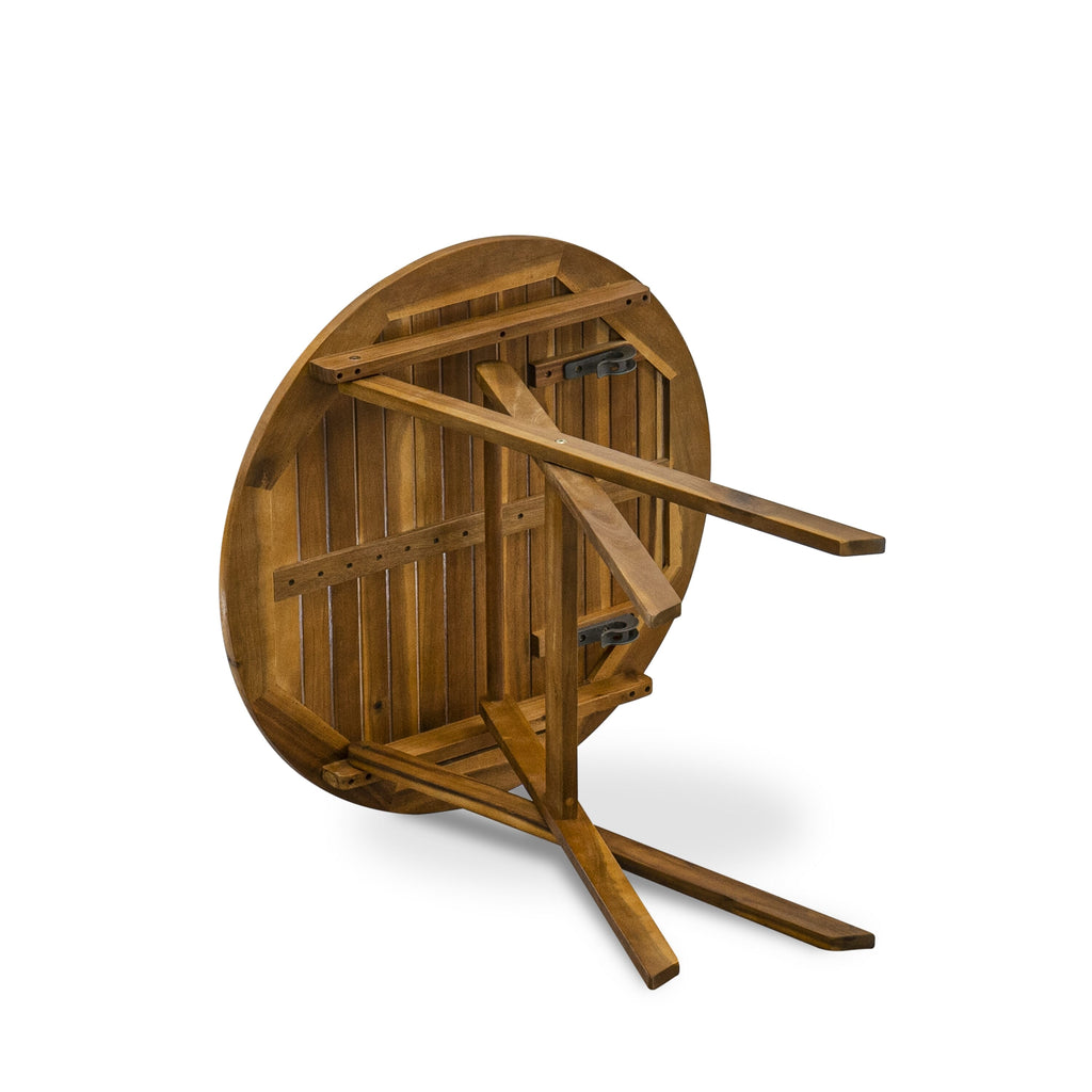 East West Furniture MNFM3CWNA 3 Piece Outdoor Conversation Bistro Set Consist of a Round Acacia Wood Coffee Table and 2 Folding Side Chairs