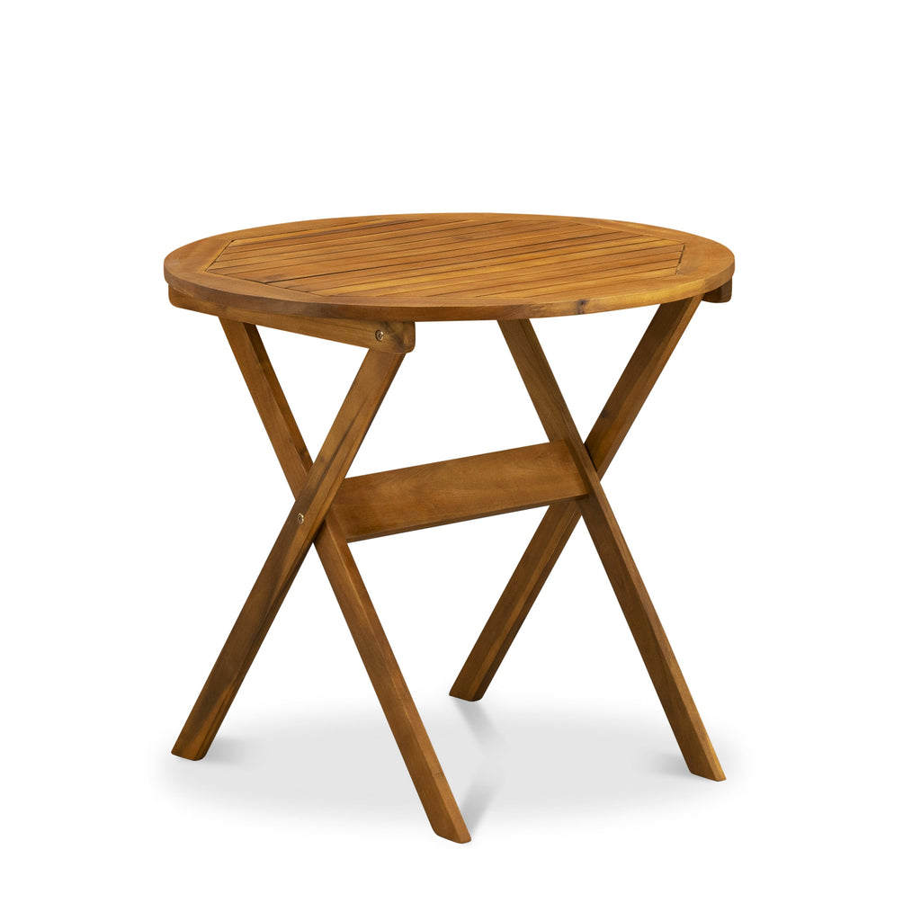 East West Furniture MNFM3CWNA 3 Piece Outdoor Conversation Bistro Set Consist of a Round Acacia Wood Coffee Table and 2 Folding Side Chairs