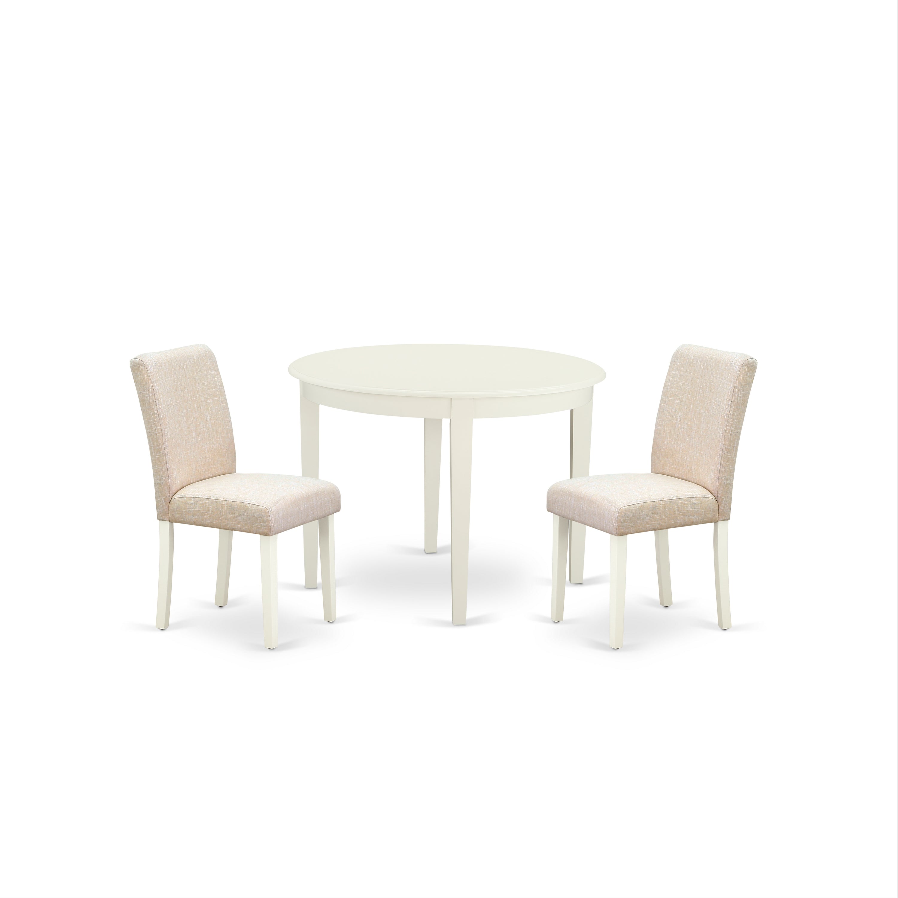 Juego de mesa de cocina de 3 piezas East West Furniture BOAB3-LWH-02 para espacios pequeños. Contiene una mesa de comedor redonda y 2 sillas tapizadas en tela de lino beige claro.