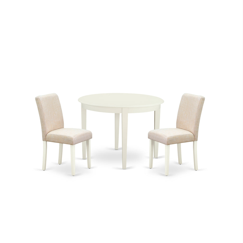 Juego de mesa de cocina de 3 piezas East West Furniture BOAB3-LWH-02 para espacios pequeños. Contiene una mesa de comedor redonda y 2 sillas tapizadas en tela de lino beige claro.