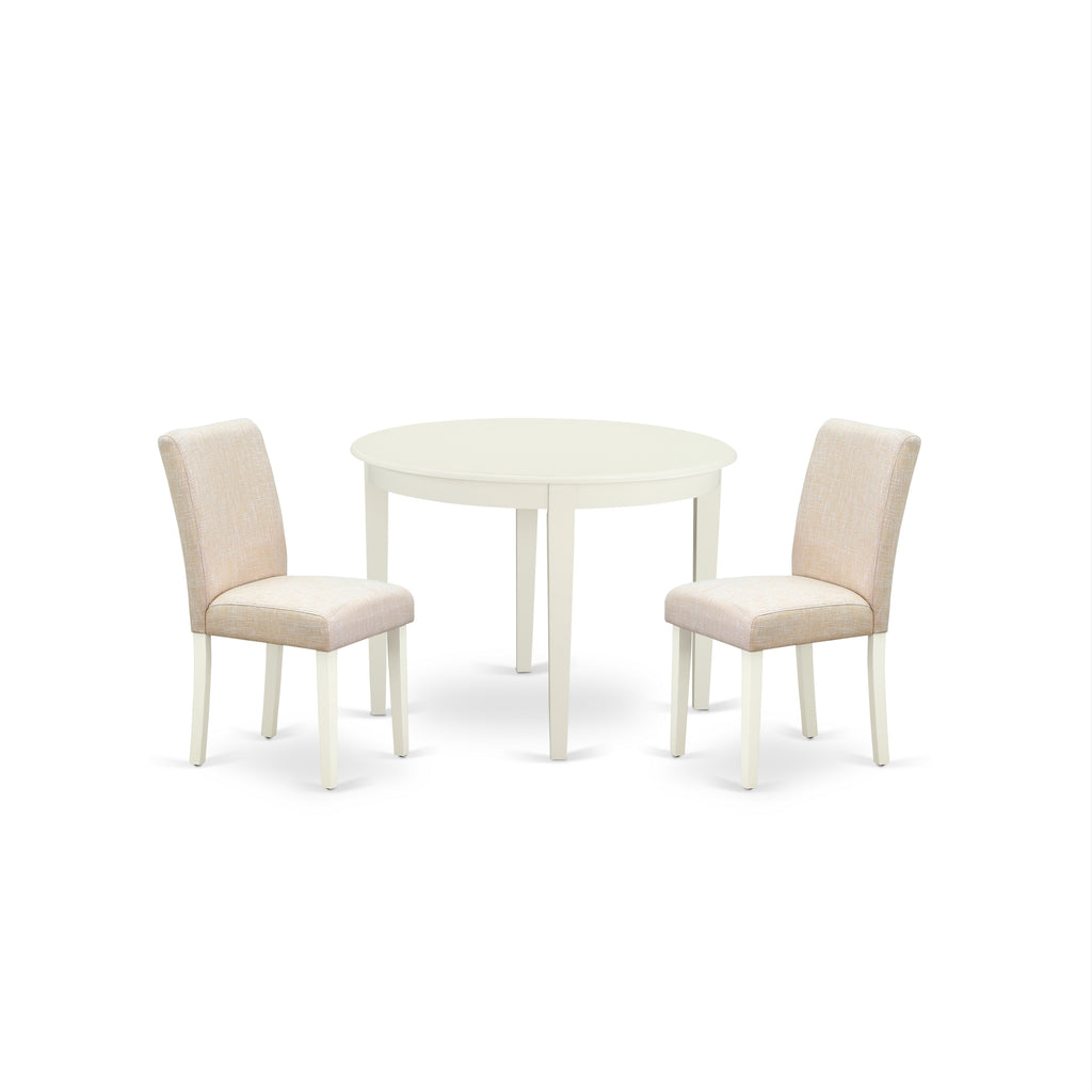 East West Furniture BOAB3-LWH-02 3 Piece Kitchen Table Set for Small Spaces Contains a Round Dining Room Table and 2 Light Beige Linen Fabric Upholstered Chairs, 42x42 Inch, Linen White