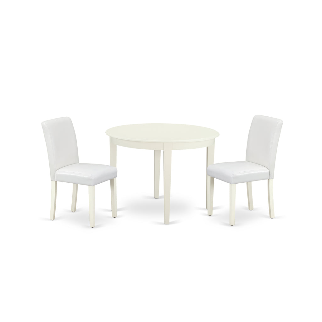 East West Furniture BOAB3-LWH-64 3 Piece Dining Set Contains a Round Kitchen Table and 2 White Faux Leather Parson Dining Room Chairs