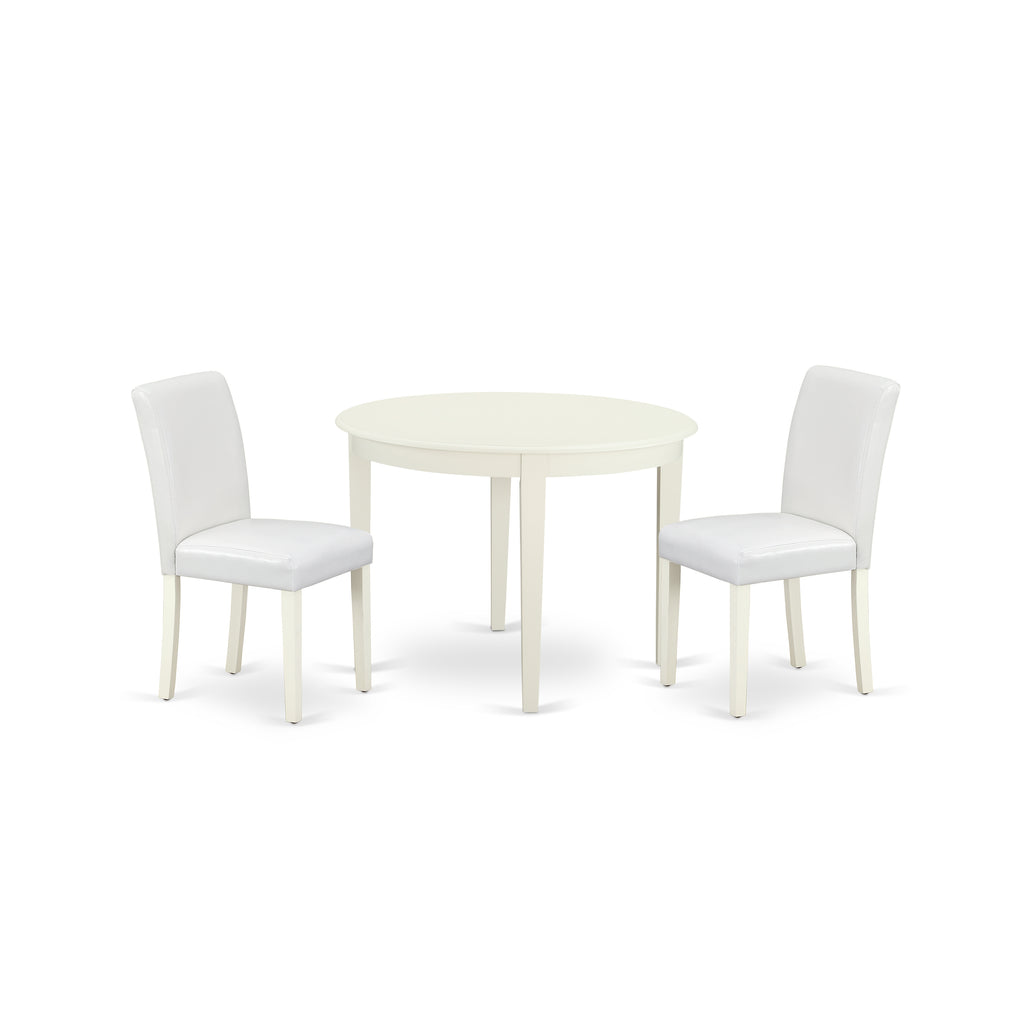 East West Furniture BOAB3-LWH-64 3 Piece Dining Set Contains a Round Kitchen Table and 2 White Faux Leather Parson Dining Room Chairs, 42x42 Inch, Linen White