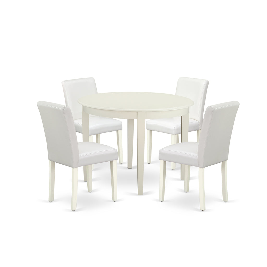 East West Furniture BOAB5-LWH-64 5 Piece Dining Table Set for 4 Includes a Round Kitchen Table and 4 White Faux Leather Upholstered Parson Chairs, 42x42 Inch, Linen White