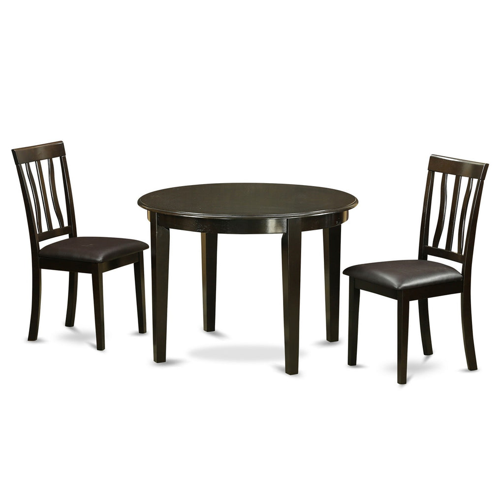 Juego de mesa de comedor moderna de 3 piezas East West Furniture BOAN3-CAP-LC que incluye una mesa de cocina redonda y 2 sillas de comedor de cocina de cuero sintético.