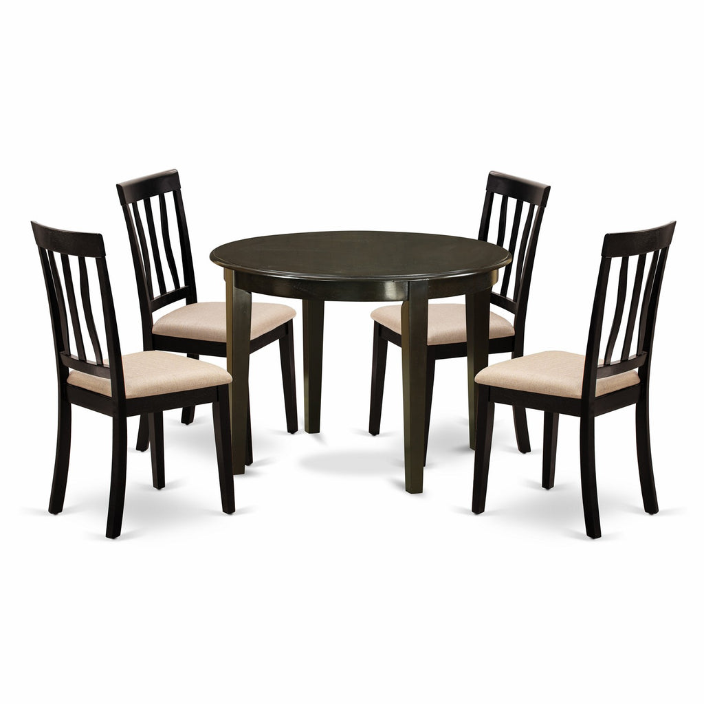 East West Furniture BOAN5-CAP-C 5 Piece Dinette Set for 4 Includes a Round Kitchen Table and 4 Linen Fabric Dining Room Chairs