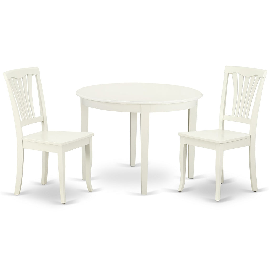 East West Furniture BOAV3-LWH-W 3 Piece Kitchen Table & Chairs Set Contains a Round Dining Room Table and 2 Solid Wood Seat Chairs, 42x42 Inch, Linen White