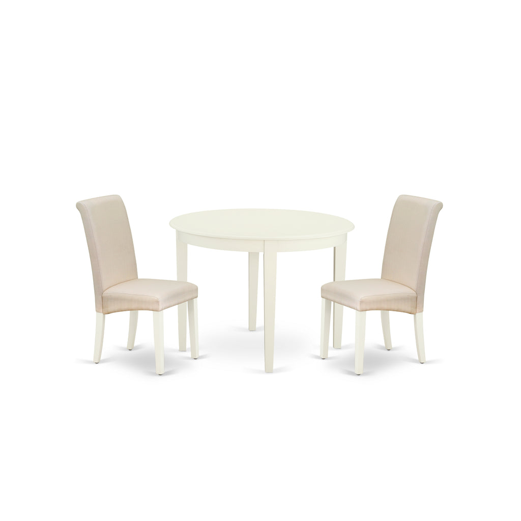 East West Furniture BOBA3-WHI-01 3 Piece Kitchen Table & Chairs Set Contains a Round Dining Room Table and 2 Cream Linen Fabric Upholstered Parson Chairs, 42x42 Inch, Linen White