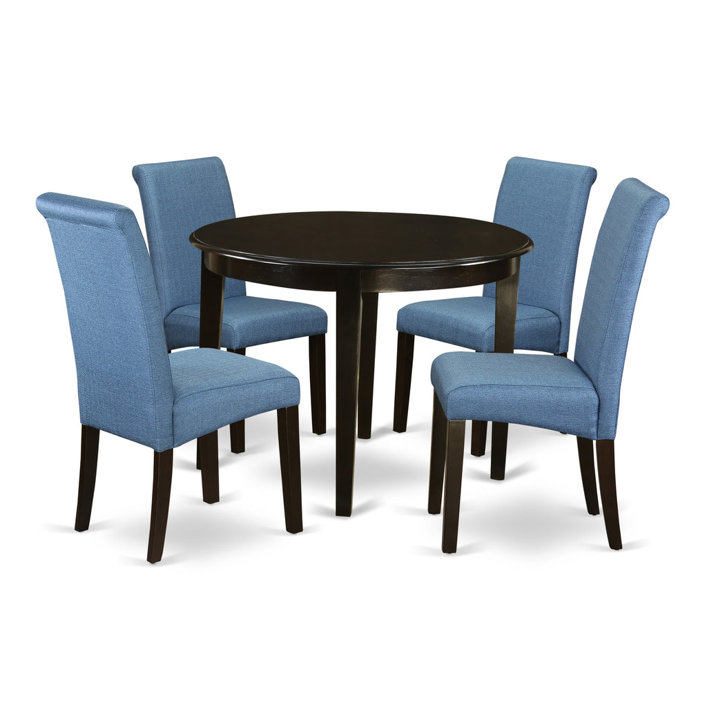 East West Furniture BOBA5-CAP-21 5 Piece Kitchen Table & Chairs Set Includes a Round Dining Room Table and 4 Blue Color Linen Fabric Parsons Dinette Chairs, 42x42 Inch, Cappuccino